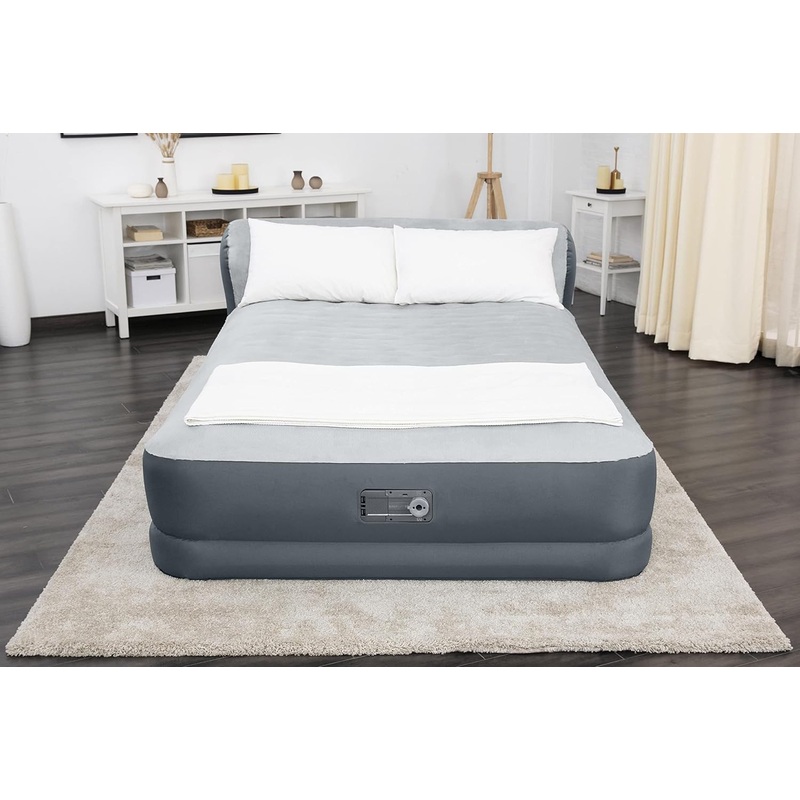 SleepLux Queen Air Mattress with Headboard | Supersoft Snugable Top, Extra Durable Tough Guard | Raised Airbed with Built in Pump + USB Charger (90x60x29) Grey | Bigbigmart.com