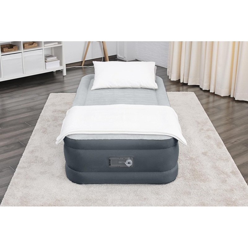 SleepLux Twin Air Mattress | Supersoft Snugable Top, Extra Durable Tough Guard with Built-in Pillow | Raised 18 Airbed with Built in Pump + USB Charger (69086E) , Grey | Bigbigmart.com