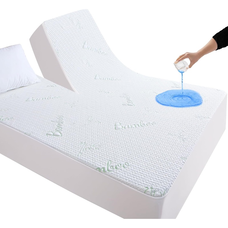 Split Top King Mattress Protector for Adjustable Bed, Breathable Bamboo Viscose Waterproof Split Top King Mattress Pad Cover with 6-18 inches Deep Pocket, 32 inches Split from Head | Bigbigmart.com