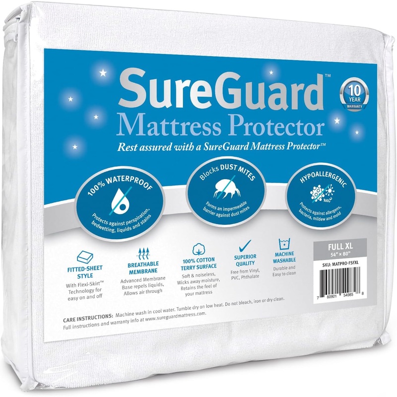 SureGuard Full Extra Long (XL) Mattress Protector – 100% Waterproof, Hypoallergenic – Premium Fitted Cotton Terry Cover White | Bigbigmart.com