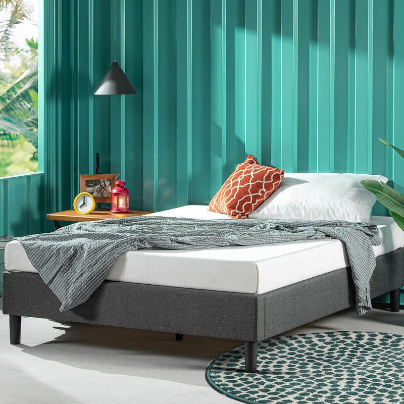 ZINUS Curtis Upholstered Platform Bed Frame, Mattress Foundation, Wood Slat Support, No Box Spring Needed, Easy Assembly, Grey, Queen | Bigbigmart.com