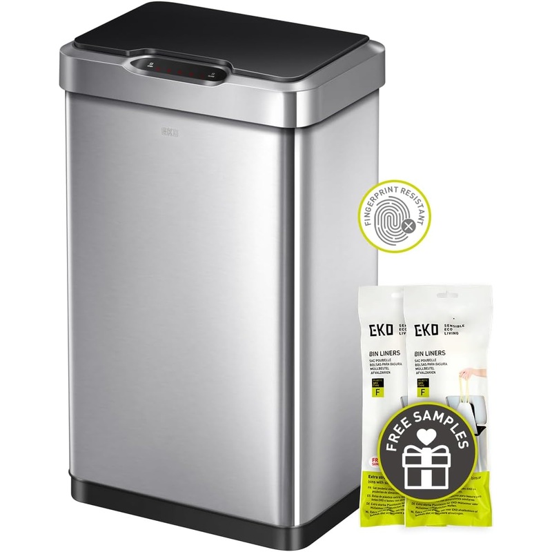 EKO Mirage-T 50 Liter / 13.2 Gallon Touchless Rectangular Motion Sensor Trash Can, Brushed Stainless Steel Finish | Bigbigmart.com