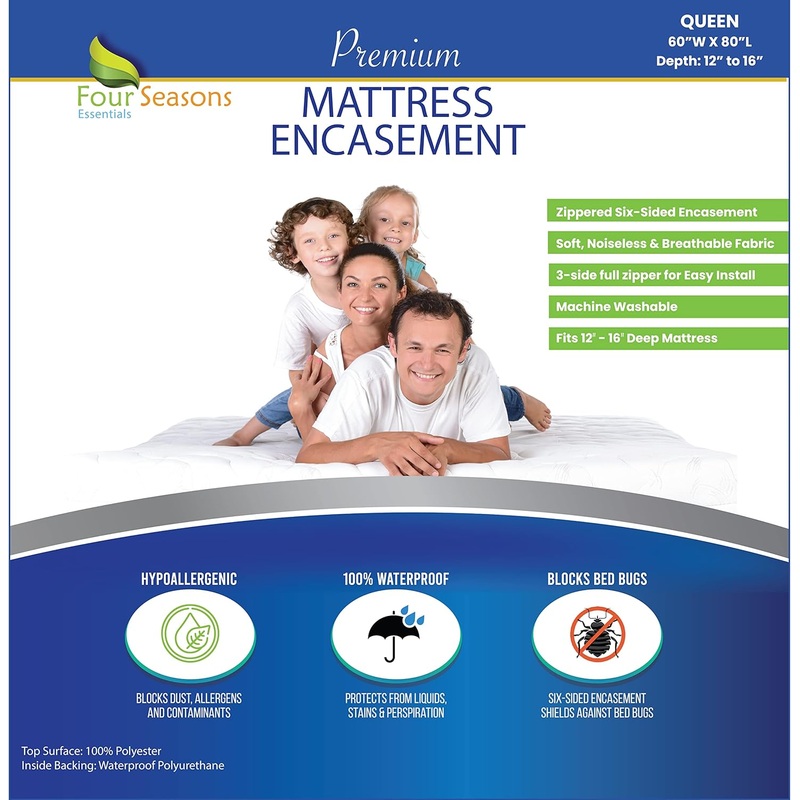 Four Seasons Essentials Queen Mattress Protector – Zippered Bedbug Waterproof Mattress Cover, Premium Quality Hypoallergenic Bed Encasement White | Bigbigmart.com