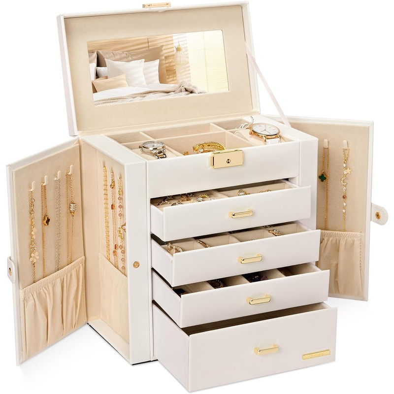 Homde Synthetic Leather Huge Jewelry Box Mirrored Watch Organizer Necklace Ring Earring Storage Lockable Gift Case (White + Gold) | Bigbigmart.com