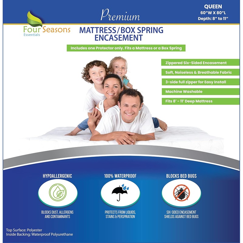 Queen Mattress or Box Spring Protector (8-11 Depth) – Zippered Waterproof Encasement Hypoallergenic Premium Quality Cover Protects from Dust | Bigbigmart.com