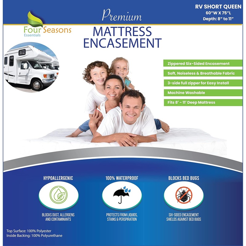 RV Short Queen Mattress Protector 60 W x 75L (8 to 11 Depth) – Waterproof Zippered Encasement Premium Quality Hypoallergenic Bed Cover Protects Against Dust | Bigbigmart.com