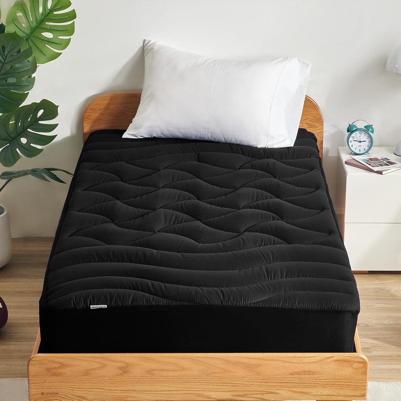 SLEEP ZONE Cooling Twin Mattress Topper for Single Bed, Premium Zoned Cool Mattress Pad Cover, Padded Mattress Protector Breathable Washable, Deep Pocket 8-21 (Black, Twin) | Bigbigmart.com