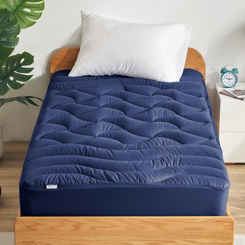 SLEEP ZONE Cooling Twin Mattress Topper, Premium Zoned Cool Mattress Pad Cover, Padded Mattress Protector Breathable Washable, Deep Pocket 8-21 (Navy, Twin) | Bigbigmart.com