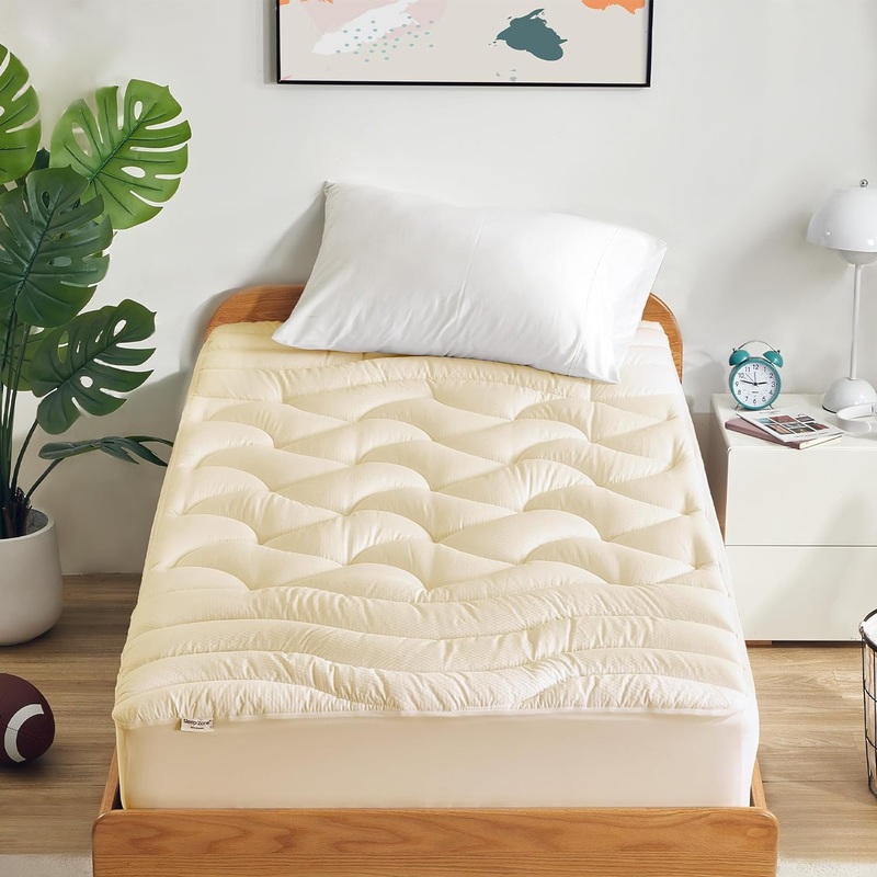 SLEEP ZONE Extra Long Twin Cooling Mattress Topper for College Dorm, Premium Zoned Cool Mattress Pad Cover, Padded Mattress Protector Breathable Washable, Deep Pocket 8-21 (Beige, Twin XL) | Bigbigmart.com