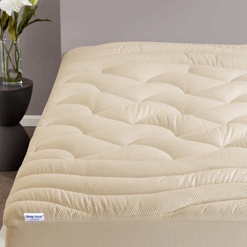 SLEEP ZONE Full Size Cooling Mattress Topper for Double Bed, Premium Zoned Cool Mattress Pad Cover, Padded Mattress Protector Breathable Washable, Deep Pocket 8-21 (Beige, Full) | Bigbigmart.com