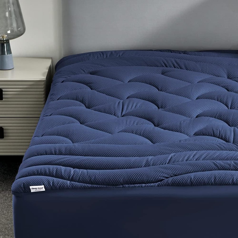 SLEEP ZONE Full Size Cooling Mattress Topper, Premium Zoned Cool Mattress Pad Cover, Padded Mattress Protector Breathable Washable, Deep Pocket 8-21 (Navy, Full) | Bigbigmart.com