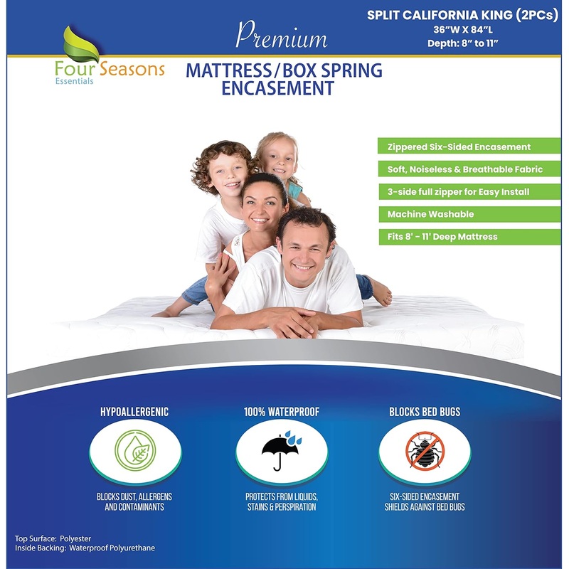 Split California King (2PC) Mattress or Box Spring Encasement (8-11 Depth) Waterproof Zippered Protector Hypoallergenic Premium Bedbug Cover Protects from Dust White | Bigbigmart.com