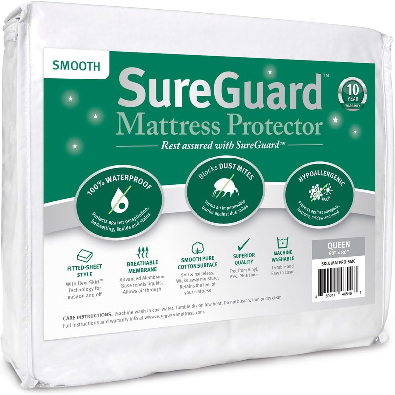 SureGuard Queen Size Mattress Protector – 100% Waterproof, Hypoallergenic – Premium Fitted Cotton Cover – Smooth | Bigbigmart.com
