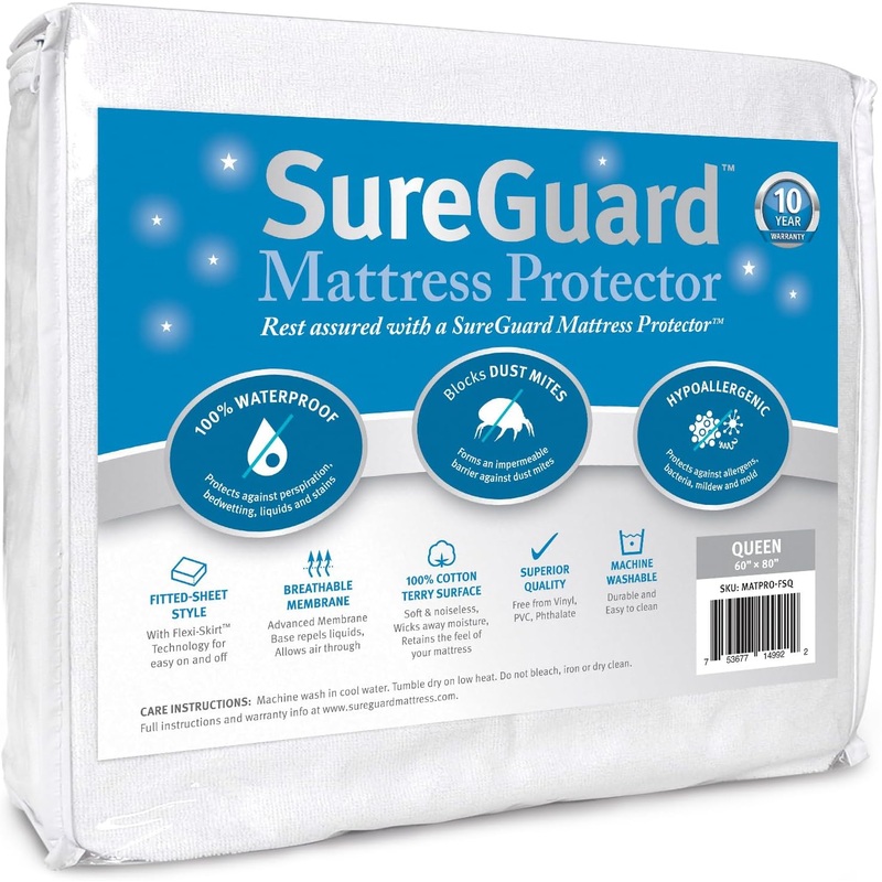 SureGuard Queen Size Mattress Protector – 100% Waterproof, Hypoallergenic – Premium Fitted Cotton Terry Cover White | Bigbigmart.com