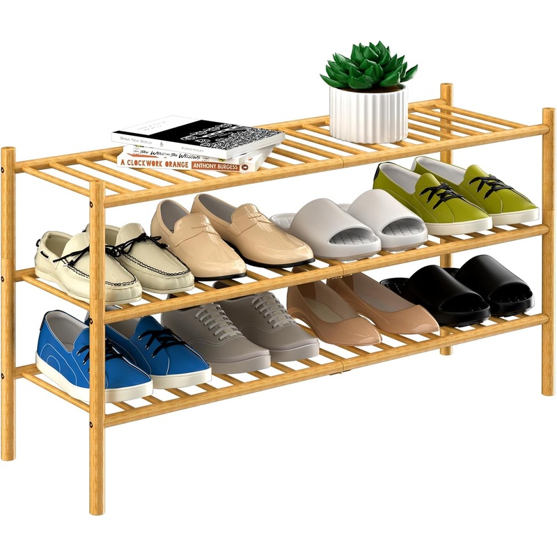 3-Tier Bamboo Long Shoe Rack, Free Standing Wood Shoe Shelf Storage Organizer for Closet Entryway Stackable 35x11x20 (Natural) | Bigbigmart.com