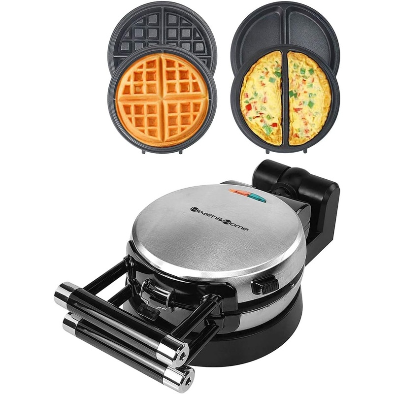 360 Rotating Belgian Multifunction Nonstick Baking Waffle Maker with 2 sets of Interchangeable Belgian Waffle and Omelet Baking plates | Bigbigmart.com