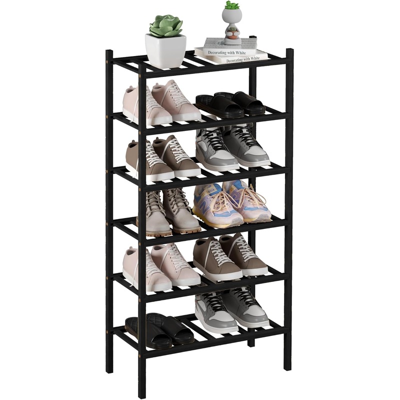 6-Tier Bamboo Small Shoe Rack, Free Standing Wood Shoe Shelf Storage Organizer for Closet Entryway Stackable (Black) | Bigbigmart.com
