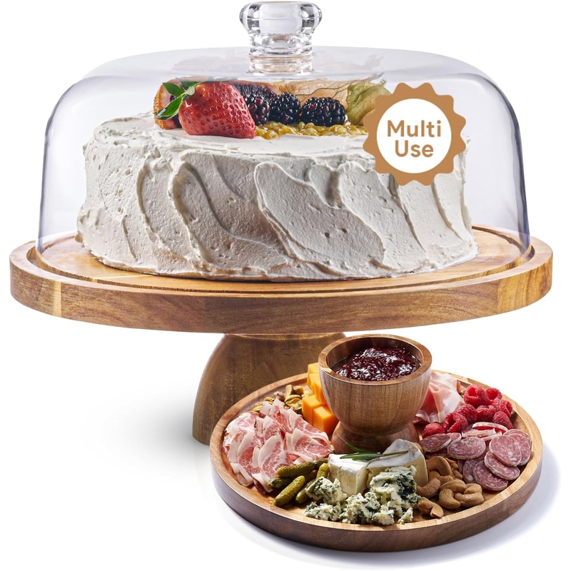 Acacia Wood Cake Stand with Lid – 12in Round Cake Holder, 2-in-1 Dessert Table Display Set & Charcuterie Board for Cheese, Chips & Dips, Nachos, Fruit Platter, Large Acrylic Cake Dome Cover | Bigbigmart.com
