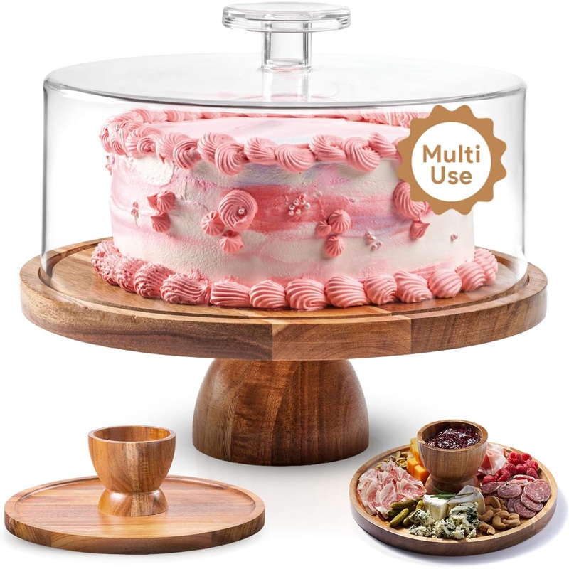Acacia Wood Cake Stand with Lid – Multifunctional 12 In Round Cake Holder, Dessert Table Display Set & Charcuterie Board for Cheese, Chips, Fruit Platter, Acrylic Cake Dome Cover, No Glass | Bigbigmart.com