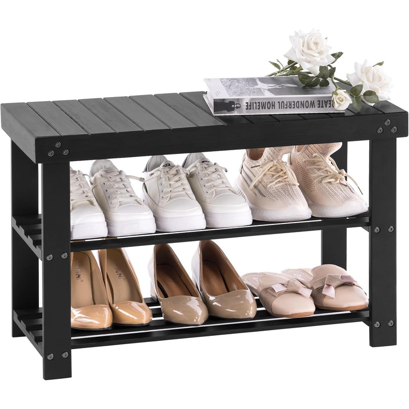 Apicizon Bamboo Shoe Rack for Entryway, 3-Tier Shoe Rack Bench for Front Door Entrance, Small Shoe Organizer with Storage, Black | Bigbigmart.com