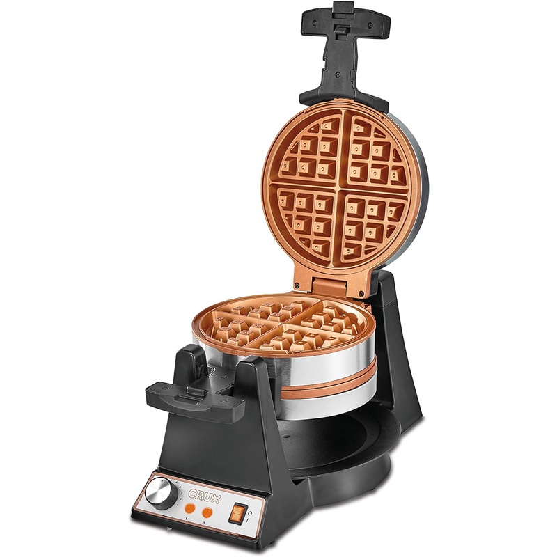 CRUX Double Rotating Belgian Waffle Maker, Keto Chaffles Iron with Nonstick PFOA Free Copper Plates for Easy Food Release, Browning Control and Removable Drip Tray, Stainless Steel | Bigbigmart.com