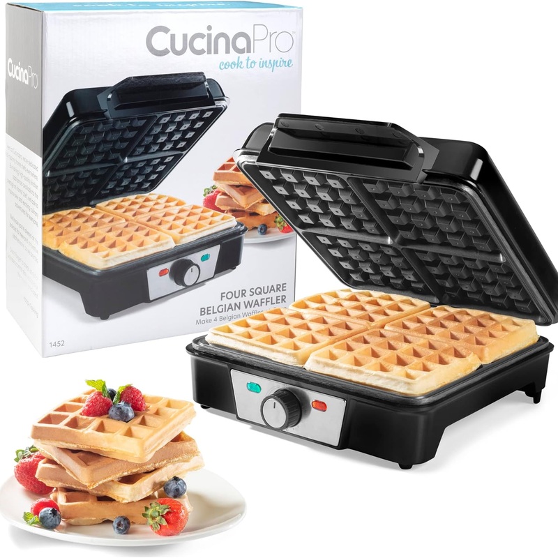 CucinaPro Four Square Belgian Waffle Maker, Extra Large Stainless Steel Kitchen Appliance with Nonstick Waffler Iron Plates, Makes 4 Fluffy Waffles, Griddle is Great for Family Breakfast or Gift | Bigbigmart.com
