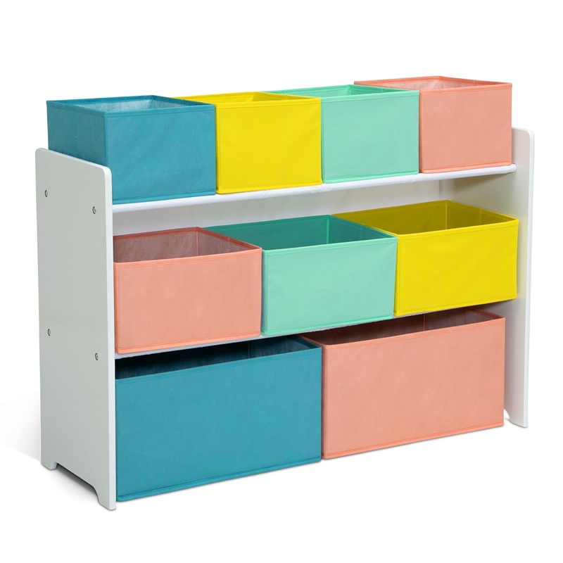 Delta Children Deluxe Multi-Bin Toy Organizer with Storage Bins – Greenguard Gold Certified, White with Blue/Orange/Pastel Bins | Bigbigmart.com
