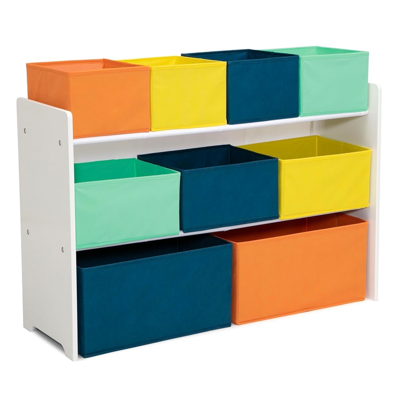 Delta Children Deluxe Multi-Bin Toy Organizer with Storage Bins – Greenguard Gold Certified, White with Navy/Green/Pastel Bins | Bigbigmart.com