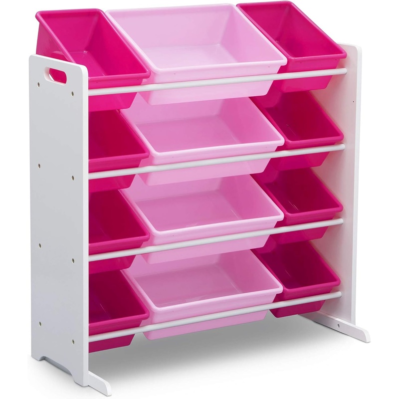 Delta Children Kids Toy Storage Organizer with 12 Plastic Bins – Greenguard Gold Certified, White/Pink | Bigbigmart.com