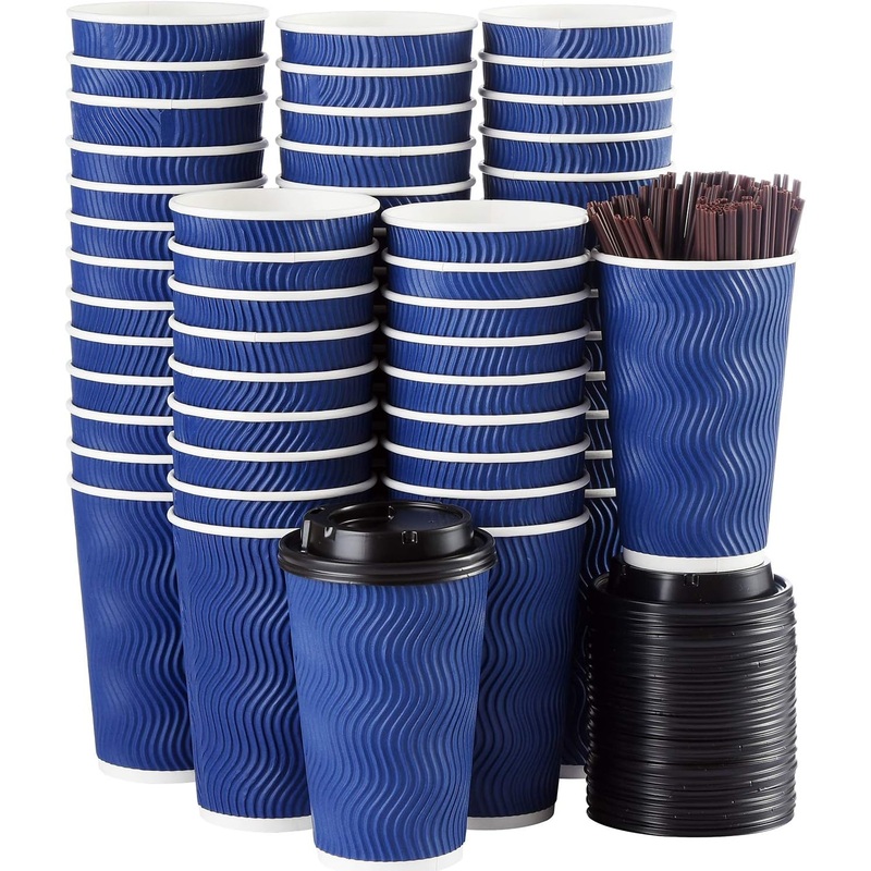 Disposable Coffee Cups with Lids and Straws – 16 oz (90 Set) Togo Hot Paper Coffee Cup with Lid To Go for Hot/Cold Beverages Espresso Tea Insulated Reusable Cold Drinks Ripple Cups Protect Fingers! | Bigbigmart.com