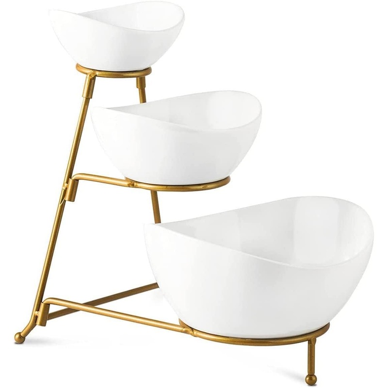 Gomakren 3 Tiered Oval Serving Bowl With Collapsible Metal Rack, Dessert Appetizer, Candy Chip Dip, Fruit, Vegetable Bowl Set, White Serving Dishes For Entertaining(Gold Stand) | Bigbigmart.com