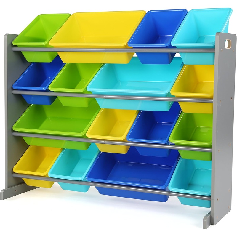 Humble Crew Extra-Large Toy Organizer, 16 Storage Bins, Grey/Blue/Green/Yellow,15.5D x 42W x 35H | Bigbigmart.com