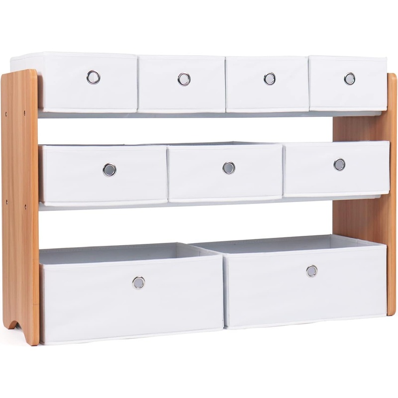 Humble Crew Kids Toy Organizer with 9 Collapsible Fabric Storage, Natural Wood and White Bins | Bigbigmart.com