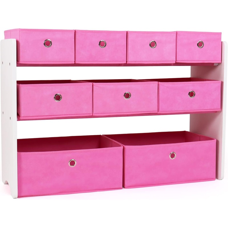 Humble Crew Kids Toy Organizer with 9 Collapsible Fabric Storage, White Wood and Pink Bins | Bigbigmart.com
