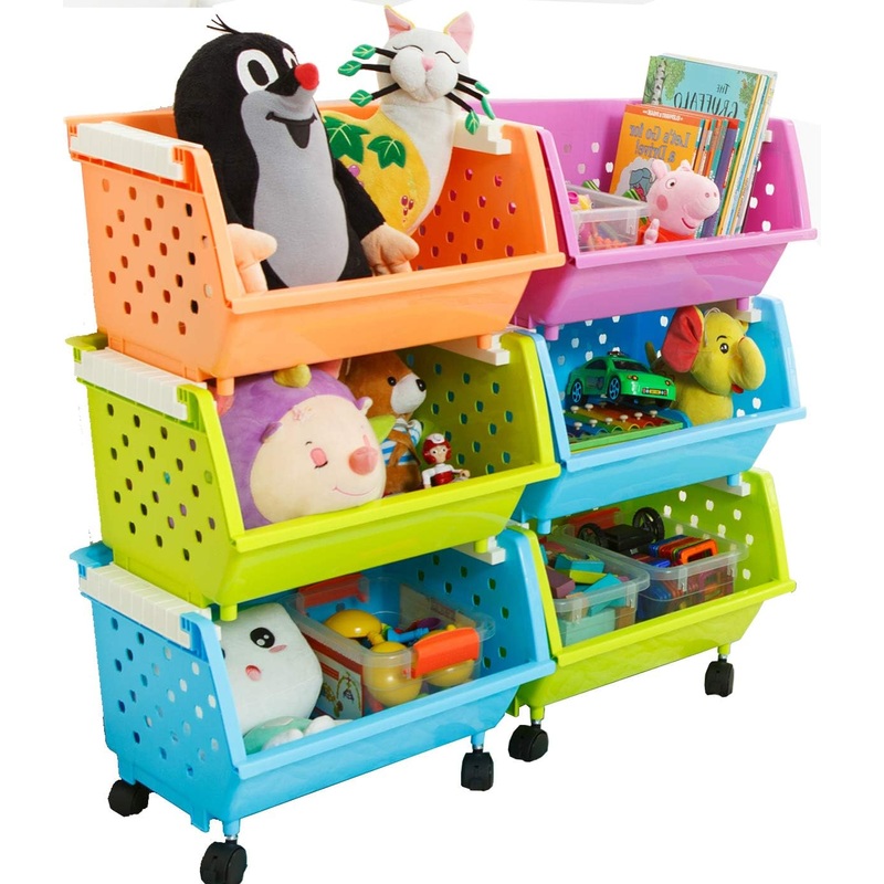 Kids’ Toys Chest Large Baskets Storage Bins Organizer with Wheels Can Move Everywhere Natural/Primary (Primary Collection) (6 Baskets Choose) | Bigbigmart.com