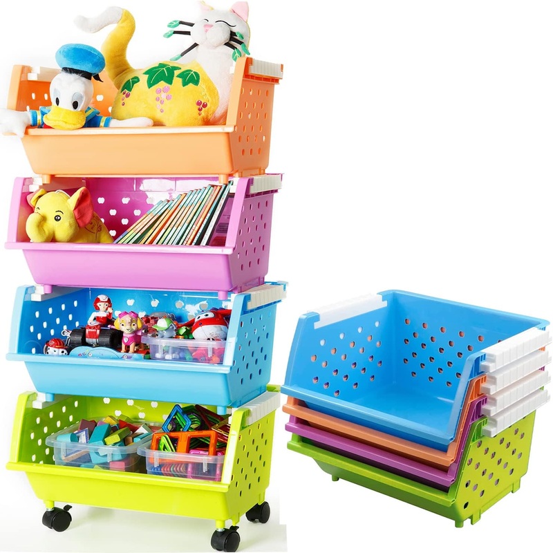 Kids’ Toys Storage Organizer Bins Baskets with Wheels Can Move Everywhere Large 4 Baskets Natural/Primary (Primary Collection) (Purple&Blue&Orange&Green) | Bigbigmart.com