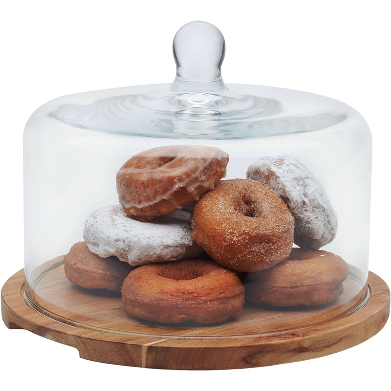 Libbey Acacia Wood Cake Stand with Dome Lid, Ball Top Handle Cake Holder with Lid, Covered Cake Stand, Durable Glass Dome Cover | Bigbigmart.com