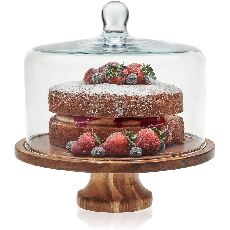 Libbey Acacia Wood Cake Stand with Lid, Footed Round Cake Container, Ball Top Handle Covered Cake Stand, Durable Glass Dome Cover | Bigbigmart.com