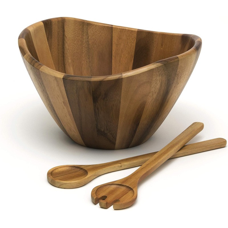 Lipper International Acacia Large Wave Bowl with Servers, 162.31 fl.oz.,Brown | Bigbigmart.com