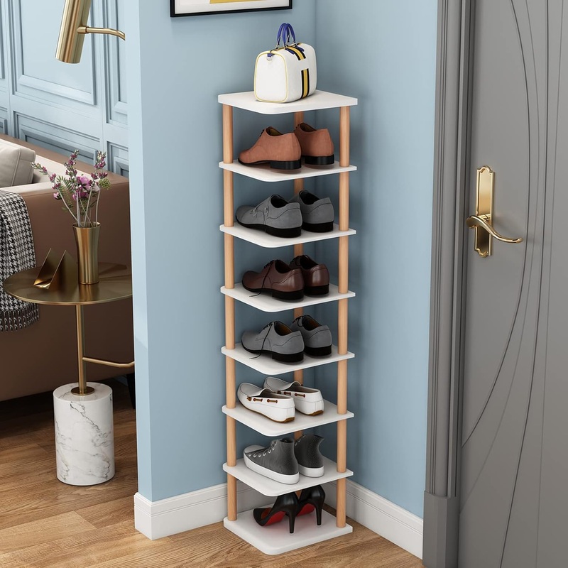 LUCKNOCK 8 Tiers Vertical Shoe Rack, Narrow Organizer, Stylish Wooden Shoe Storage Stand, Space Saving Shelf Tower, Free Standing for Entryway, No-Tool Assembly, White. | Bigbigmart.com