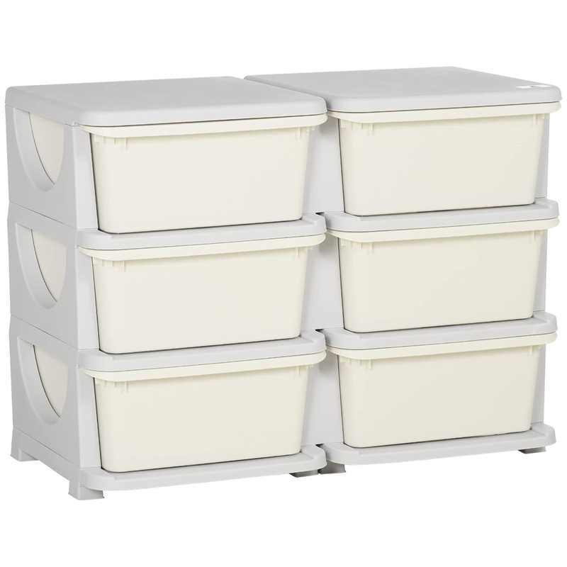 Qaba 3 Tier Kids Storage Unit, 6 Drawer Chest Toy Organizer Plastic Bins for Kids Bedroom Nursery Kindergarten Living Room for Boys Girls Toddlers, Cream | Bigbigmart.com