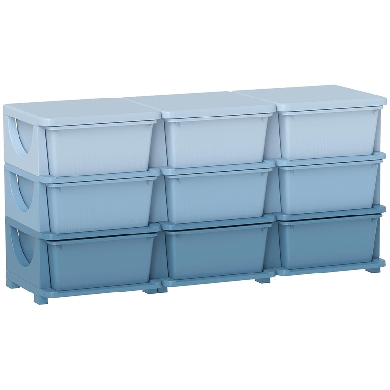Qaba 3 Tier Kids Storage Unit, 9 Drawer Chest Toy Organizer Plastic Bins for Kids Bedroom Nursery Kindergarten Living Room for Boys Girls Toddlers, Blue | Bigbigmart.com