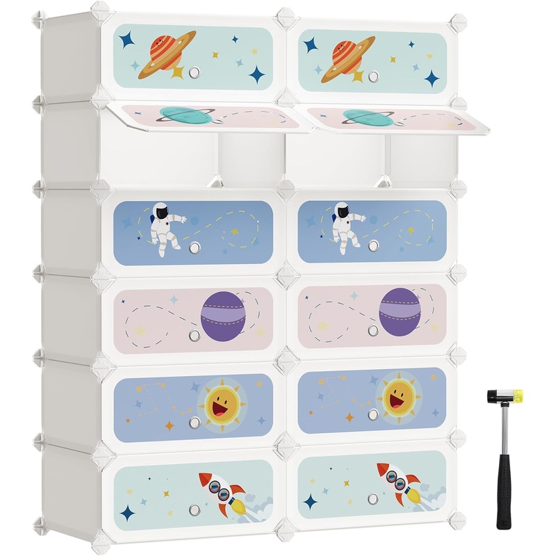 SONGMICS Kids’ Shoe Rack with Doors, 12-Slot Stackable Storage Organizer, Plastic Wardrobe, Toys, Books, Clothes, 12.2 x 31.9 x 41.7 Inches, Cloud White ULPC907W01 | Bigbigmart.com