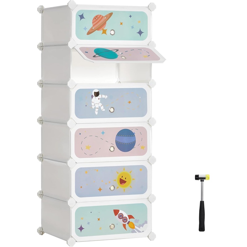 SONGMICS Kids’ Shoe Rack with Doors, 6-Slot Stackable Storage Organizer, Plastic Wardrobe, Toys, Books, Clothes, 12.2 x 16.9 x 41.3 Inches, Cloud White ULPC904W01 | Bigbigmart.com