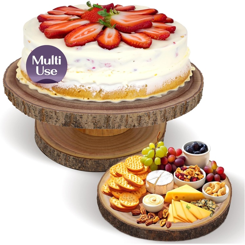 Wooden Cake Stand Rustic 12 inch – Multifunctional 2-in-1 Wedding Cake Stand Wood & Display Tray Platter for Appetizers Desserts Charcuterie Board – Farmhouse Tree Stump Style – Sturdy, Easy to Clean | Bigbigmart.com
