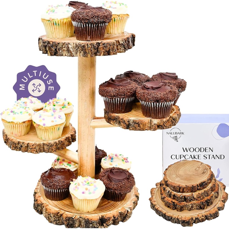 Wooden Rustic Cupcake Stand – 4 Tier Natural & Sturdy Wood Dessert Display – For Birthday Party Decoration, Wedding, Baby Shower Decor – Round Tower Tiered Tray Plate Centerpiece Set (Textured Bark Edges) | Bigbigmart.com