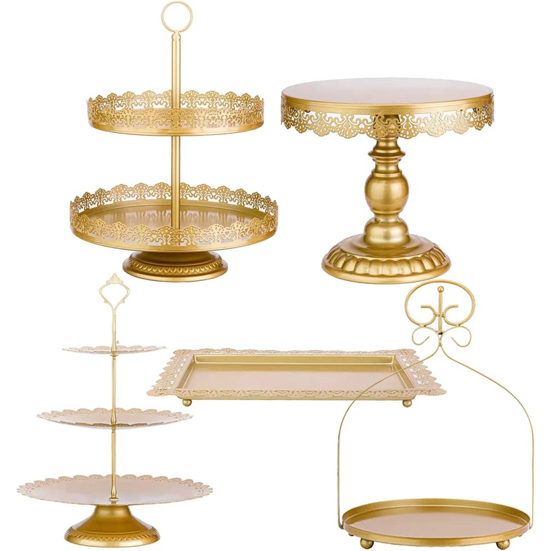 ZUMELER Gold 5Pcs Cake Stands Set Metal Round Cupcake Holder Cookies Dessert Display Plate Serving Tower Tray Platter with Handl for Baby Shower Wedding Birthday Party Celebration | Bigbigmart.com