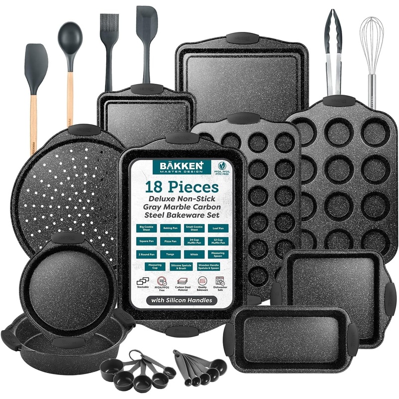 18-Piece Kitchen Oven Baking Set: Nonstick Gray Marble Coating, Carbon Steel Bakeware, Silicone Handles, Dishwasher Safe, Professional Quality, PFOA-Free | Bigbigmart.com