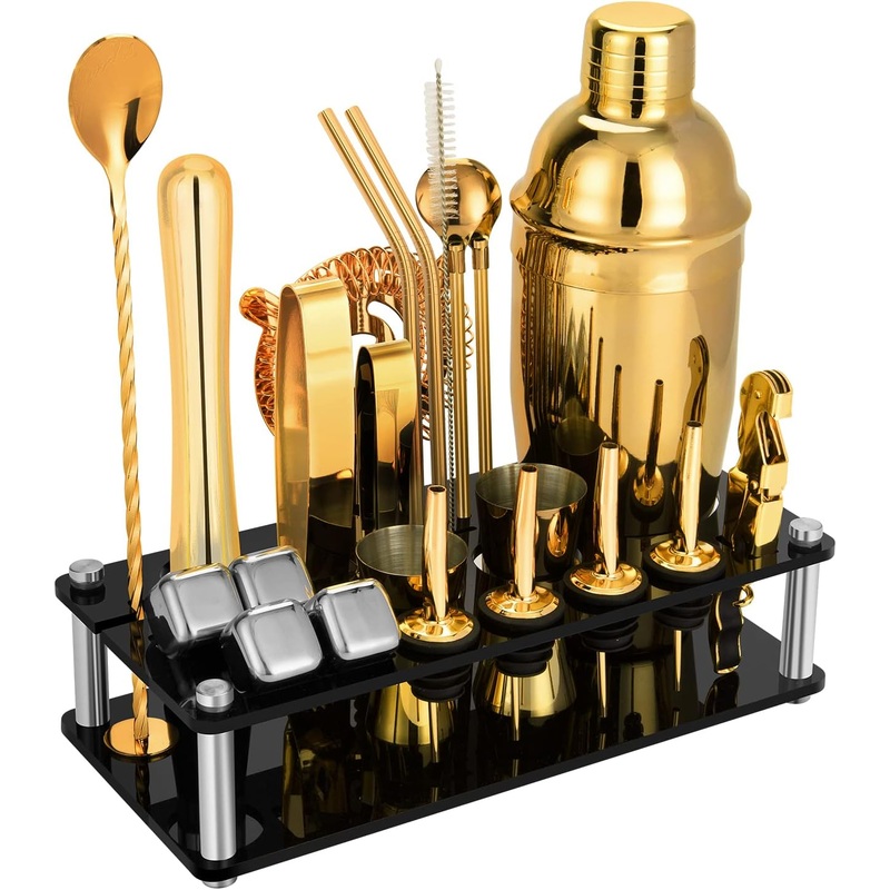 23 Piece Cocktail Shaker Set Bartender Kit with Acrylic Stand & Cocktail Recipes Booklet, Professional Bar Tools for Drink Mixing, Home, Bar, Party (Include 4 Whiskey Stones) – Gold | Bigbigmart.com