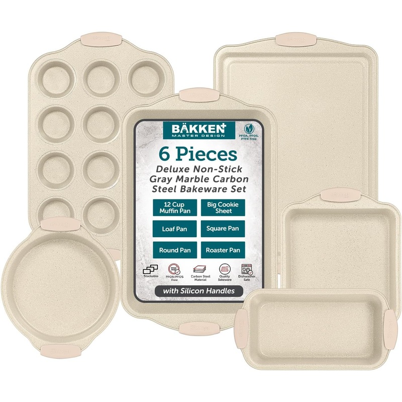 6-Piece Deluxe Nonstick Baking Pan Set – Professional Grade Carbon Steel Bakeware with White Marble Coating & Silicone Handles | Bigbigmart.com